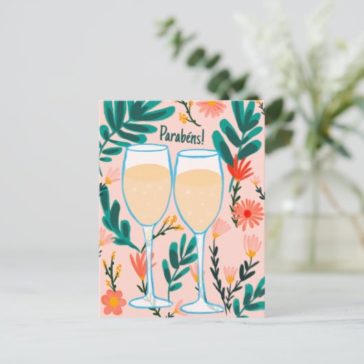 Parabens Mousserende Wijn Champagne Bloemen Gefeli Briefkaart (Staand voorkant)
