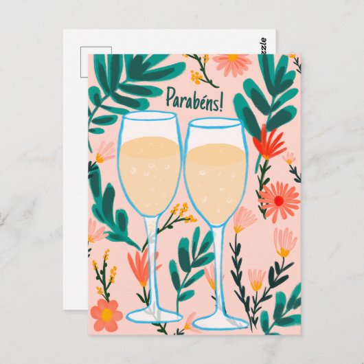 Parabens Mousserende Wijn Champagne Bloemen Gefeli Briefkaart (Voorkant / Achterkant)