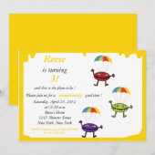 Parachute drop-down, monster verjaardagsuitnodigin kaart (Voorkant / Achterkant)