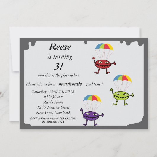 Parachute drop-down, monster verjaardagsuitnodigin kaart (Voorkant)