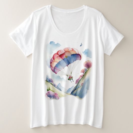 Parachute in de Сwolken tussen de groene bergen in Grote Maat T-shirt (Design voorkant)