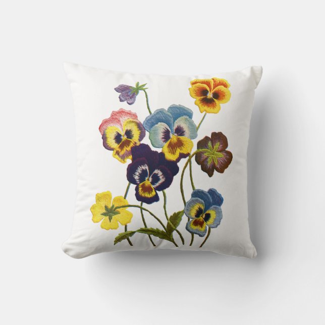 Parade van Pansies Faux Crewel Borduurkussen Kussen (Voorkant)