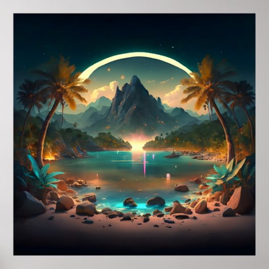 Paradijs bij nacht met kristalhelder water poster (Voorkant)