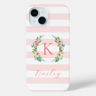 Paradijs Bloemmotief en Roze Strepen Monogram iPhone 15 Case
