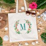 Paradijs Floraal Monogram Tote Bag<br><div class="desc">Aangepaste bruiloft bruids partij canvas tassen gepersonaliseerd met uw monogram initiaal of andere aangepaste tekst. Dit elegante vrouwelijke ontwerp heeft een waterverf bloemenkrans, tropische bloemen en groen. Gebruik de ontwerpgereedschappen om elk monogram te personaliseren, een achtergrondkleur te kiezen, tekstlettertypen en -kleuren te bewerken en foto's toe te voegen aan creëer...</div>