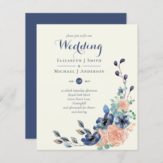 Paradijs Navy Koraal Bloemige Trouw Uitnodigingen (Voorkant / Achterkant)