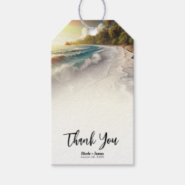 Paradijs strand zonsondergang rustieke kust bruilo cadeaulabel