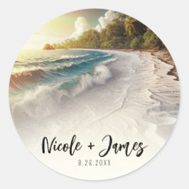 Paradijs strand zonsondergang rustieke kust bruilo ronde sticker