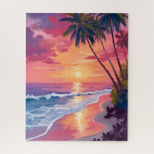 Paradijs Zonsondergang   Roze Tropisch Aquarel Str Legpuzzel