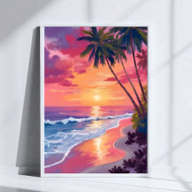 Paradijs Zonsondergang | Roze Tropisch Aquarel Str