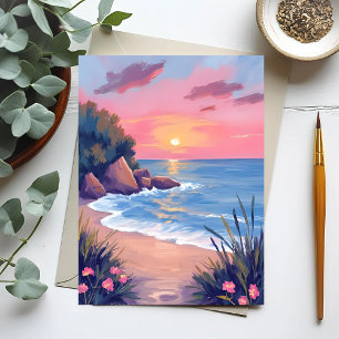 Paradijsbaai   Roze Aquarel Oceaangolven Zonsonder Briefkaart