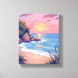 Paradijsbaai | Roze Aquarel Oceaangolven Zonsonder Canvas Afdruk