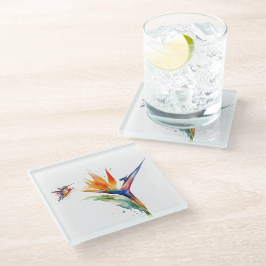 Paradijsvogel en kolibrie in waterverf glazen onderzetter (Schuin)