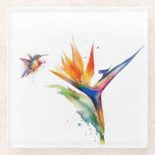 Paradijsvogel en kolibrie in waterverf glazen onderzetter (Voorkant)