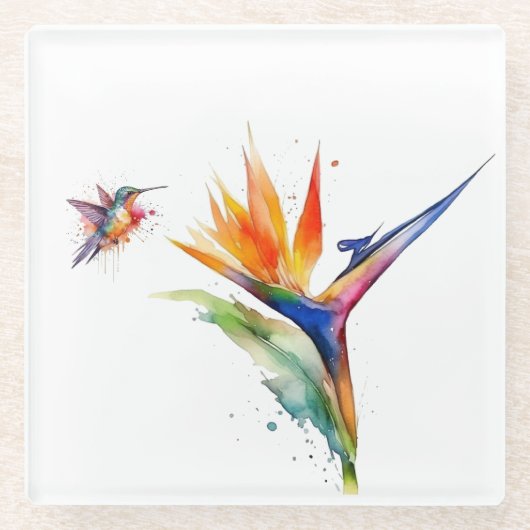 Paradijsvogel en kolibrie in waterverf glazen onderzetter (Voorkant)