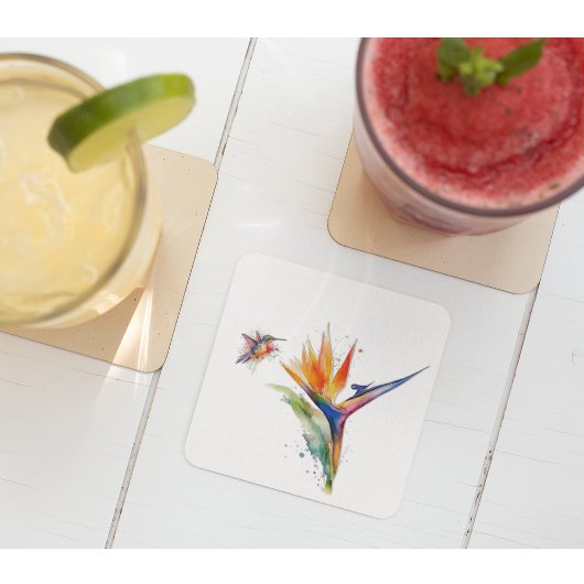 Paradijsvogel en kolibrie in waterverf glazen onderzetter