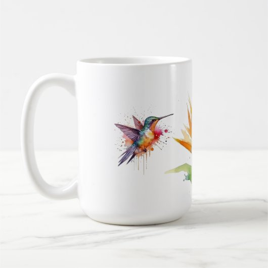 Paradijsvogel en kolibrie in waterverf koffiemok (Links)