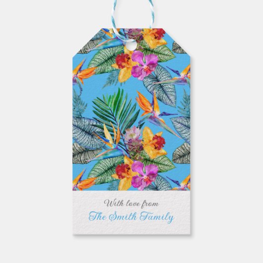 Paradijsvogel en orchidee zomer blauwe tuin cadeaulabel (Achterkant)