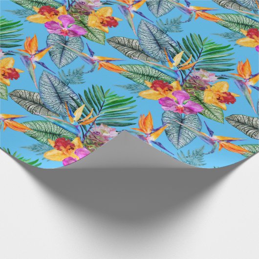 Paradijsvogel en orchidee zomer blauwe tuin cadeaupapier (Hoek)