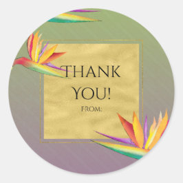 Paradijsvogel Goud Paars & Groen Trouw Favor Ronde Sticker