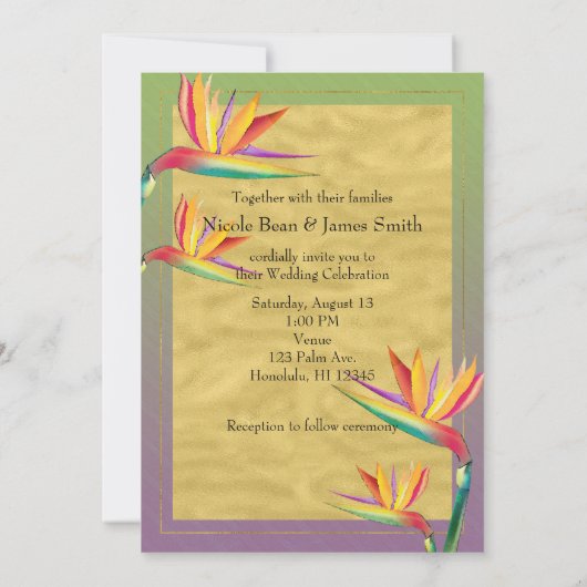 Paradijsvogel Goud Paarse & Groene Bruiloft Kaart (Achterkant)