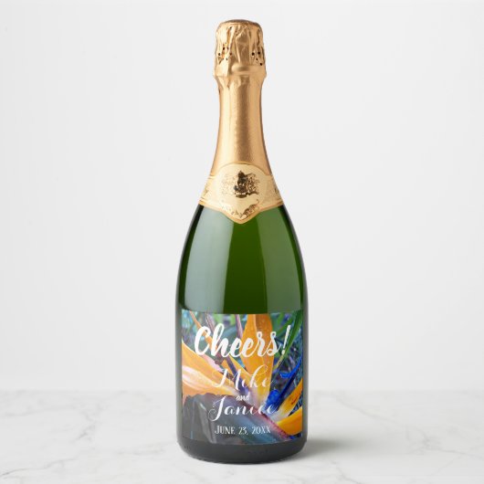 Paradijsvogel Plant Bloemenbruiloft Sparkling Wijnetiket (Voorkant)