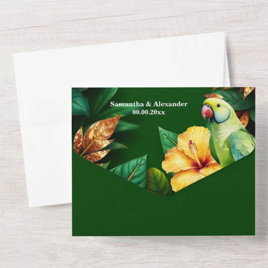 Paradijsvogels oerwoud monstera leaf bruiloft all in one uitnodiging (Achterkant)
