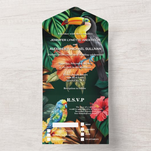 Paradijsvogels oerwoud monstera leaf bruiloft all in one uitnodiging (Binnen)