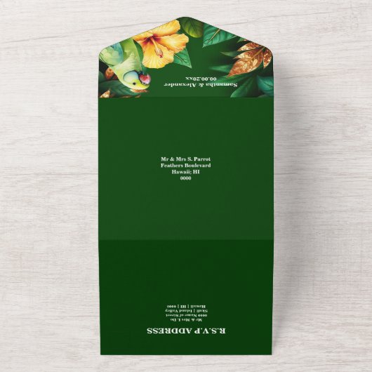 Paradijsvogels oerwoud monstera leaf bruiloft all in one uitnodiging (Buitenkant)