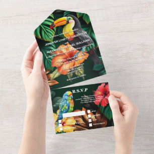 Paradijsvogels oerwoud monstera leaf bruiloft all in one uitnodiging