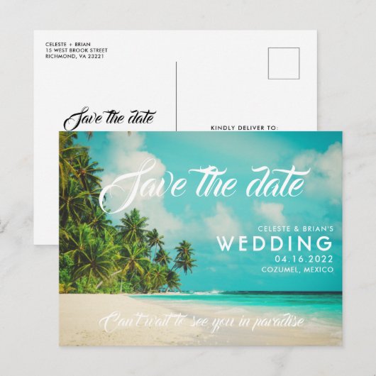 Paradise Beach Destination Wedding Save the Date Aankondigingskaart (Voorkant / Achterkant)