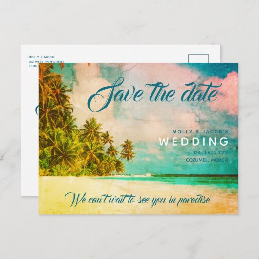 Paradise Beach Destination Wedding Save the Date Aankondigingskaart (Voorkant / Achterkant)