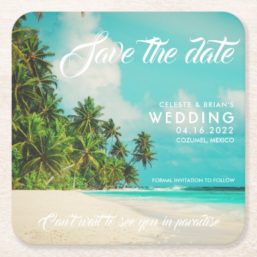 Paradise Beach Destination Wedding Save the Date Kartonnen Onderzetters (Voorkant)