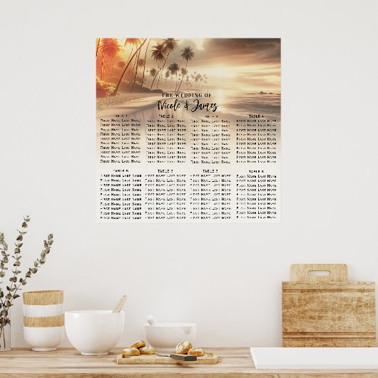 Paradise Beach Sunset Kustbruiloft Zitplaatsen Poster (Keuken)