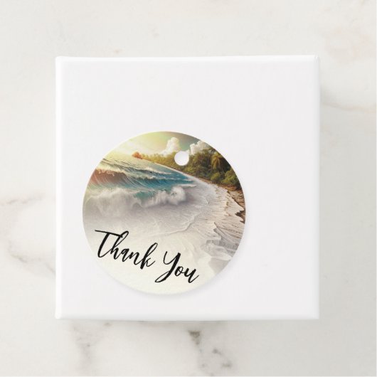 Paradise Beach Sunset Rustieke Kustbruiloft Bedankjes Labels (In situ)