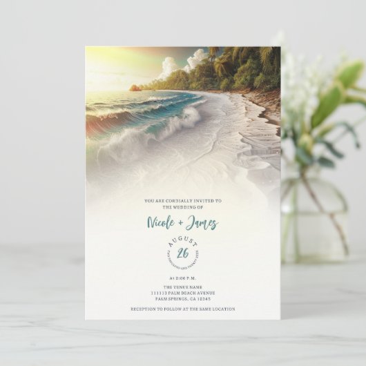 Paradise Beach Sunset Rustieke Kustbruiloft Kaart (Staand voorkant)