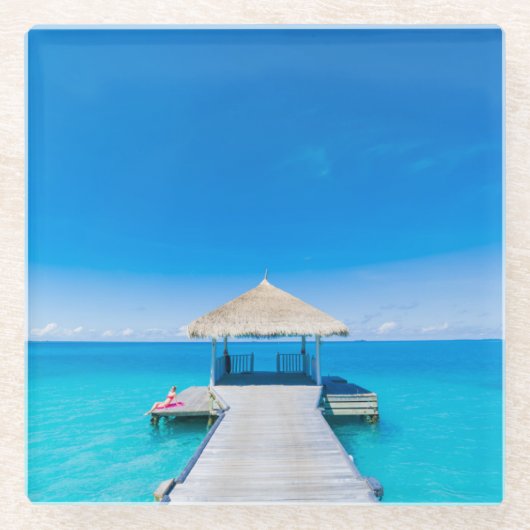 Paradise Beach | Tropisch Resort, Maldiven Glazen Onderzetter (Voorkant)