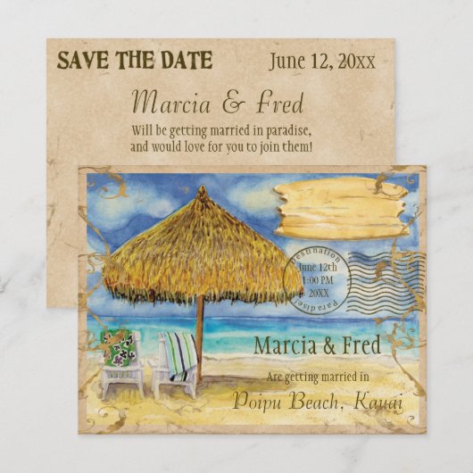 Paradise bestemming, tropisch strand opslaan op da save the date (Voorkant / Achterkant)