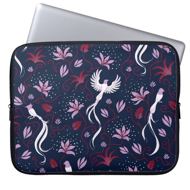 Paradise Birds: bloeiend  patroon. Laptop Sleeve (Voorkant)