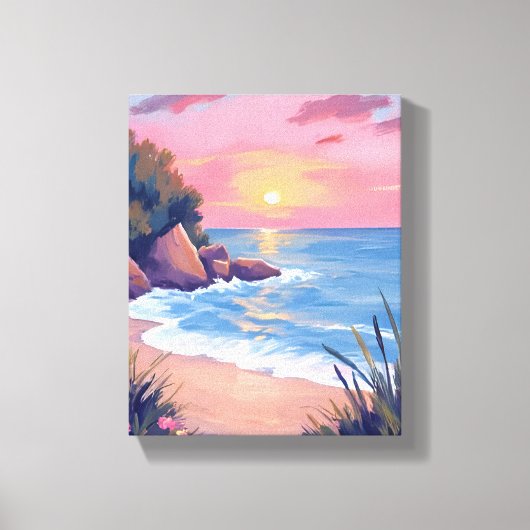 Paradise Cove | Pink Watercolor Ocean Waves Sunset Canvas Afdruk (Voorkant)