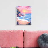 Paradise Cove | Pink Watercolor Ocean Waves Sunset Canvas Afdruk (Insitu (Woonkamer))