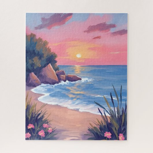 Paradise Cove | Pink Watercolor Ocean Waves Sunset Legpuzzel (Verticaal)