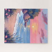 Paradise Cove | Pink Watercolor Ocean Waves Sunset Legpuzzel (Horizontaal)