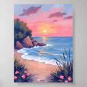 Paradise Cove | Pink Watercolor Ocean Waves Sunset Poster (Voorkant)