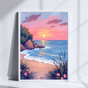 Paradise Cove Roze Aquarel Oceaangolven Zonsonde Poster