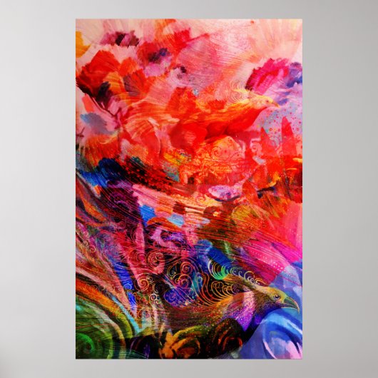 Paradise Floral Bird Phoenix Rising Flame Art Poster (Voorkant)