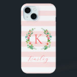 Paradise Floral en roze strepen Monogram iPhone 15 Case<br><div class="desc">Dit leuke trendy design heeft een blush roze en witte gestreepte achtergrond met kleurrijke bloemenkrans. Personaliseer het ontwerp met jouw naam en monogram of andere tekst. Gebruik de ontwerpgereedschappen om een achtergrondkleur te kiezen, de tekstlettertypen en -kleuren te bewerken of uw eigen foto's te uploaden naar creëer, een uniek, monogram...</div>