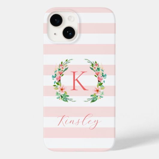 Paradise Floral en roze strepen Monogram Case-Mate iPhone Case (Achterkant)