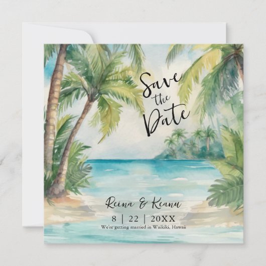 Paradise Palms Tropical Beach Bruiloft Save The Date (Voorkant)