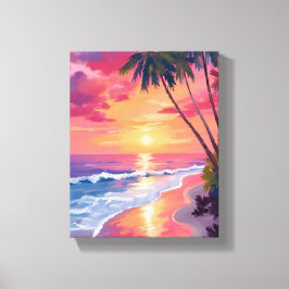 Paradise Sunset | Pink Tropical Watercolor Beach Canvas Afdruk